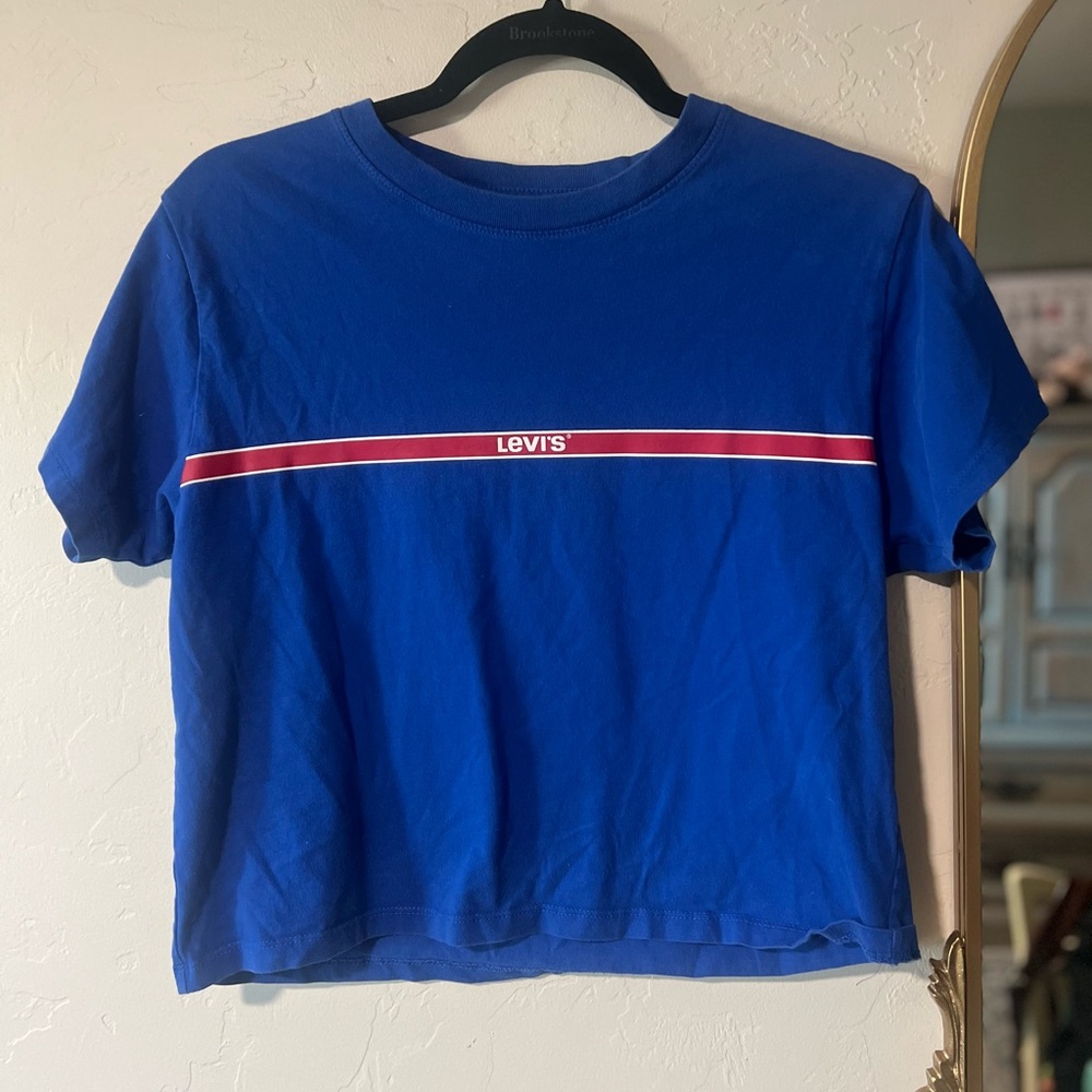 Levi’s Royal Blue Red Logo Stripe Crop Crew Neck T-Shirt Size XS
